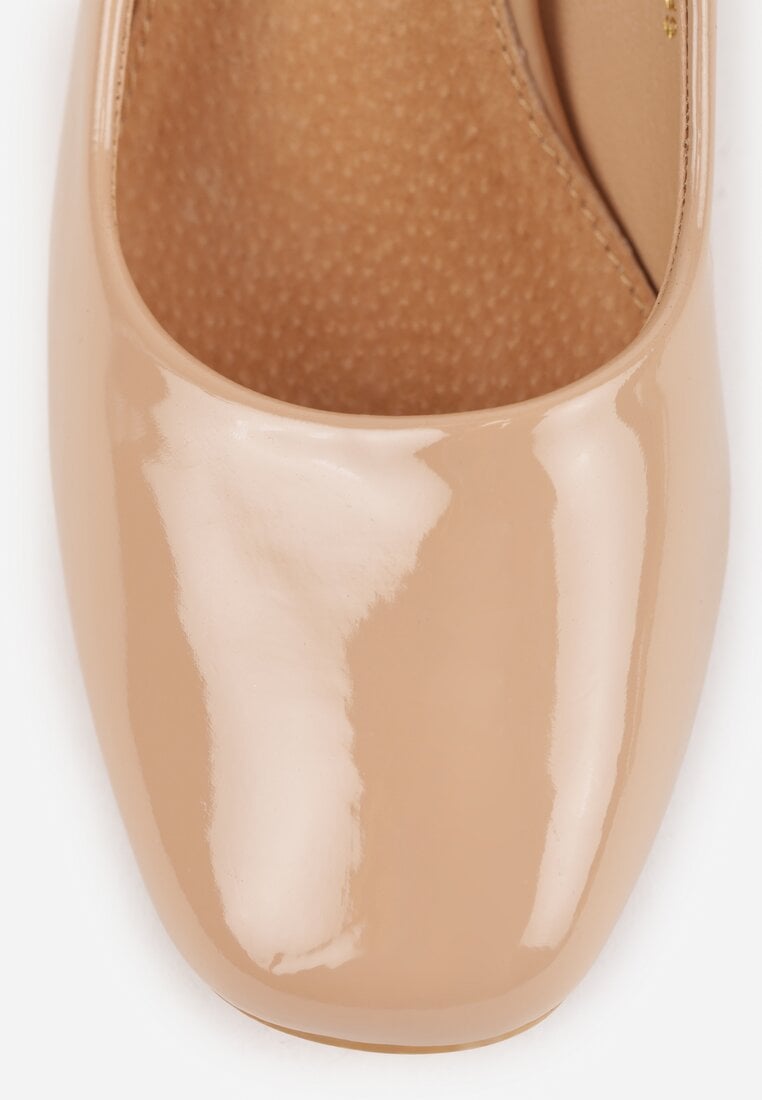 Ciemnobeżowe Czółenka Lakierowane na Słupku z Wkładką ze Skóry Naturalnej Naorine