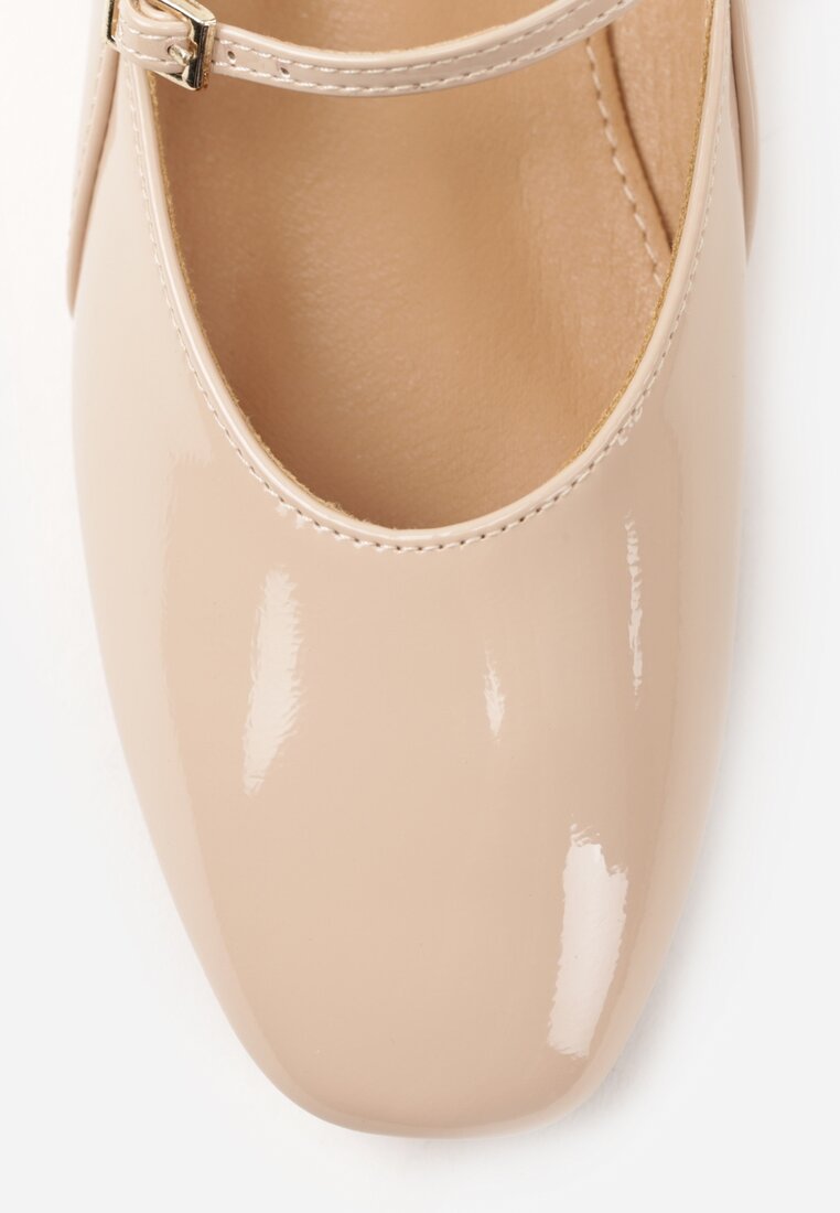 Beżowe Balerinki Mary Jane na Płaskiej Podeszwie z Paskami na Sprzączki Zinitia