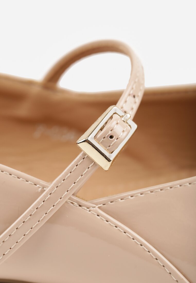 Beżowe Balerinki Mary Jane na Płaskiej Podeszwie z Paskami na Sprzączki Zinitia