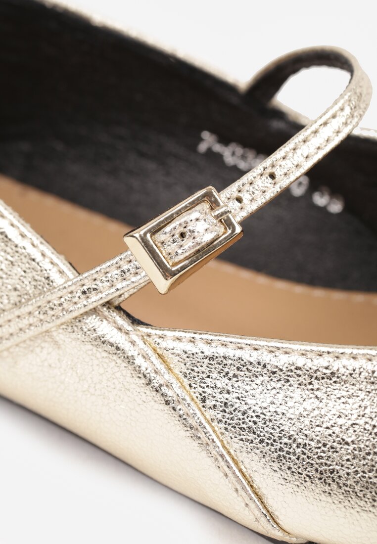 Złote Balerinki Mary Jane na Płaskiej Podeszwie z Paskami na Sprzączki Zinitia