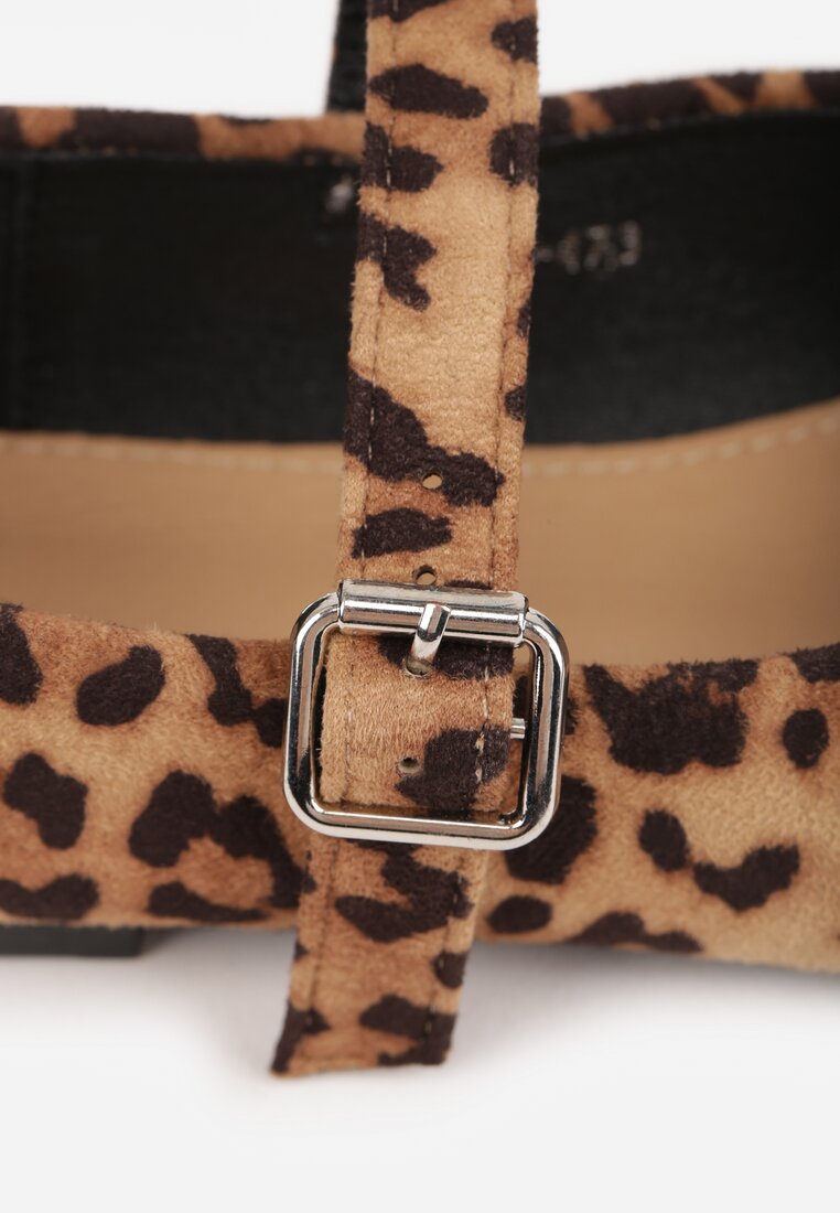 Brązowe Balerinki na Płaskiej Podeszwie w Stylu Mary Jane Ozdobione Wzorem w Panterkę i Kwadratowym Noskiem Treloma