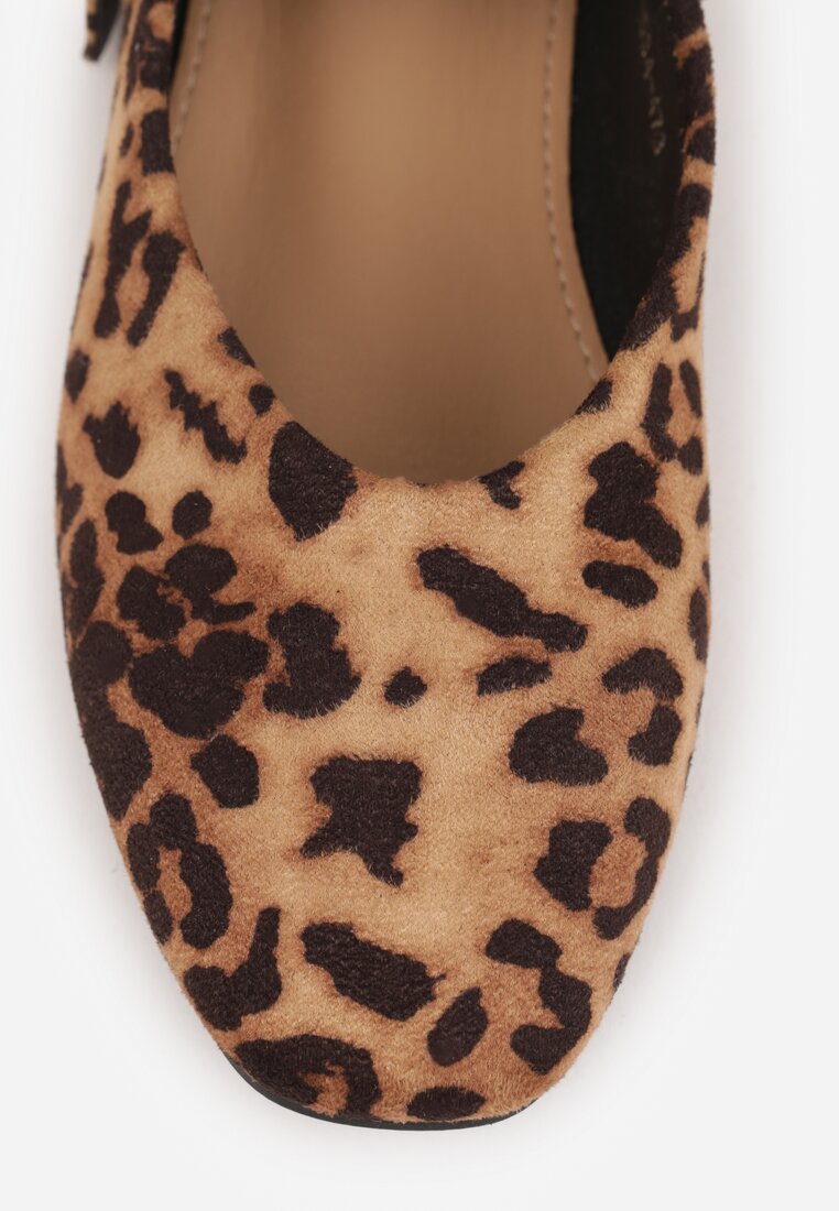 Brązowe Balerinki na Płaskiej Podeszwie w Stylu Mary Jane Ozdobione Wzorem w Panterkę i Kwadratowym Noskiem Treloma