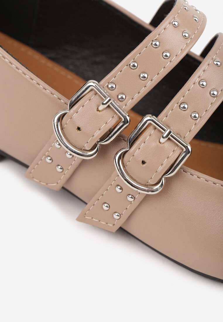Ciemnobeżowe Balerinki Vices w Rockowym Stylu z Paskami i Sprzączkami Kikirae