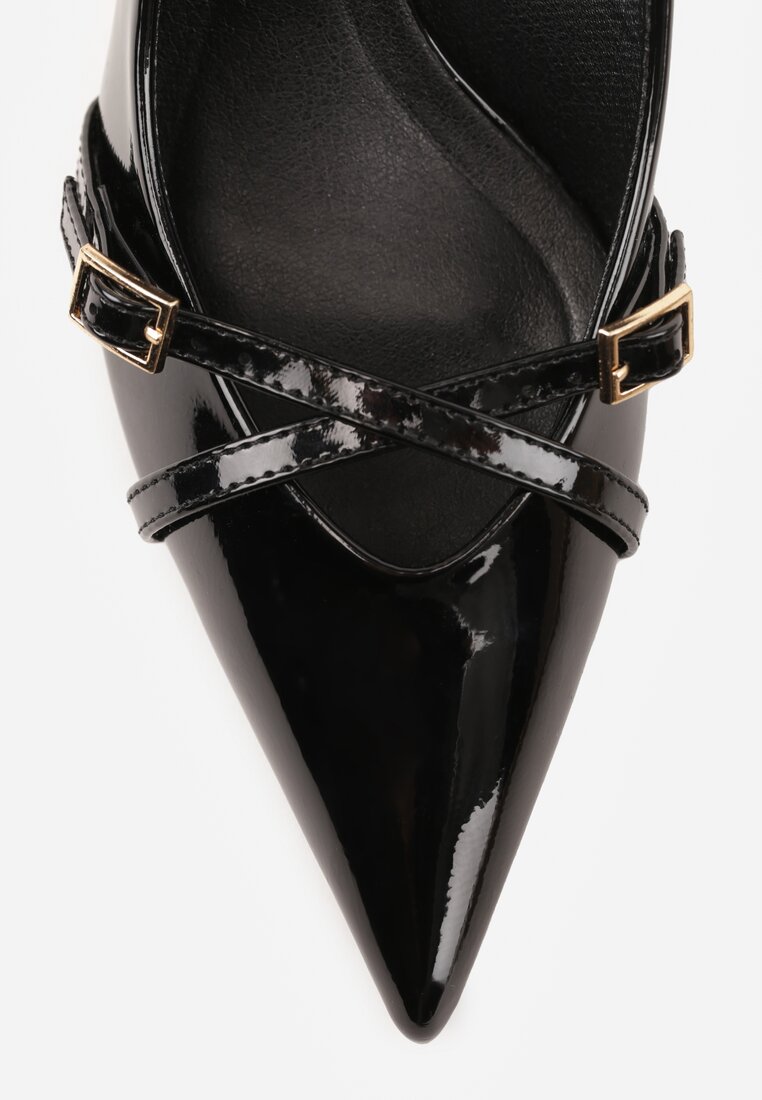 Czarne Czółenka Lakierowane na Szpilce w Stylu Kaczuszki Ozdobione Paskami Laloma