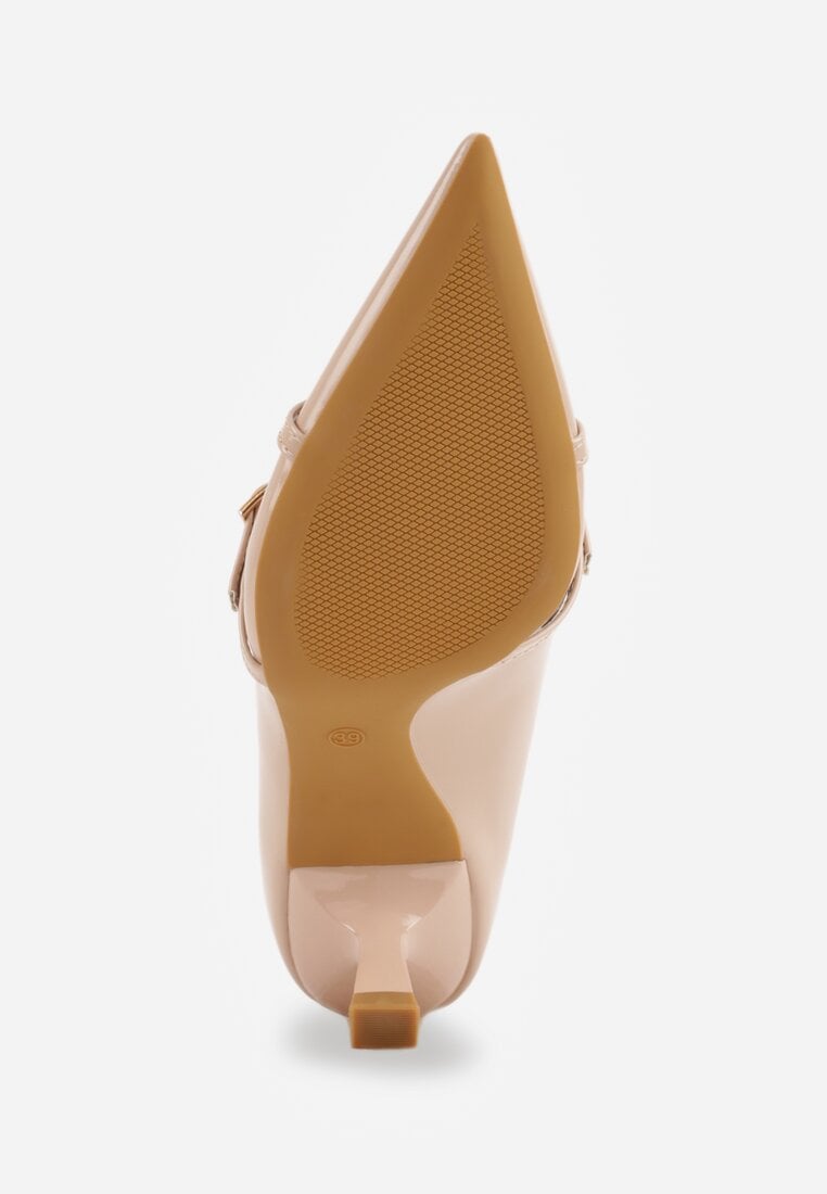 Beżowe Czółenka Lakierowane na Szpilce w Stylu Kaczuszki Ozdobione Paskami Laloma