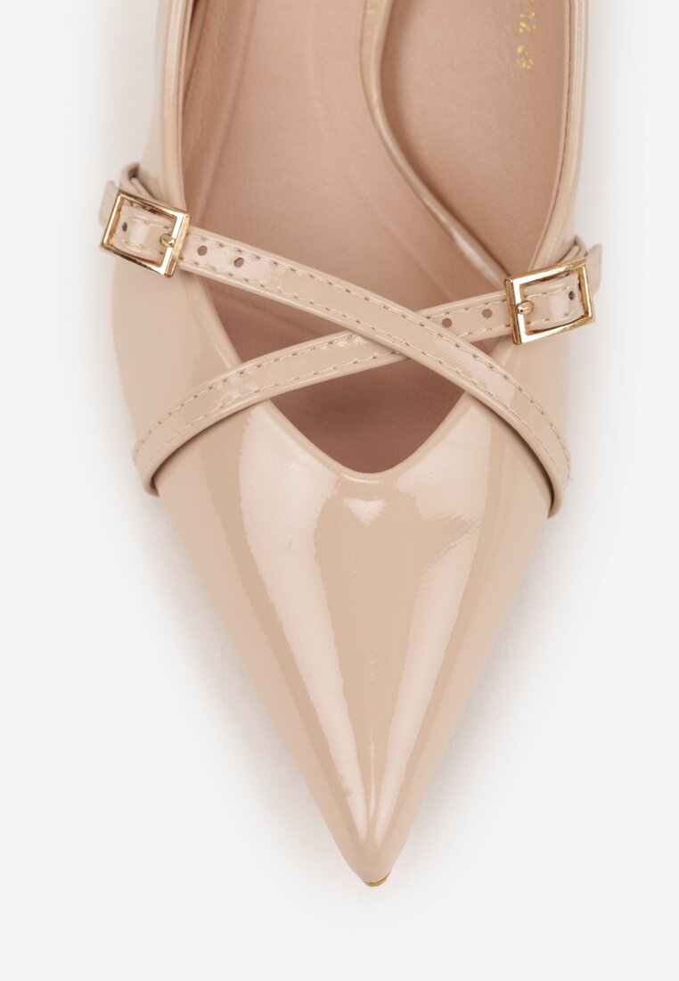 Beżowe Czółenka Lakierowane na Szpilce w Stylu Kaczuszki Ozdobione Paskami Laloma