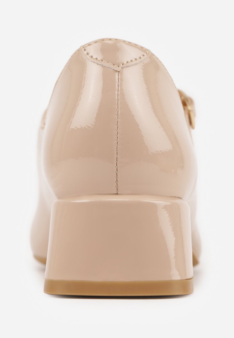 Beżowe Czółenka o Lakierowanym Połysku na Niskim Obcasie z Paskiem i Klamerką Karzina