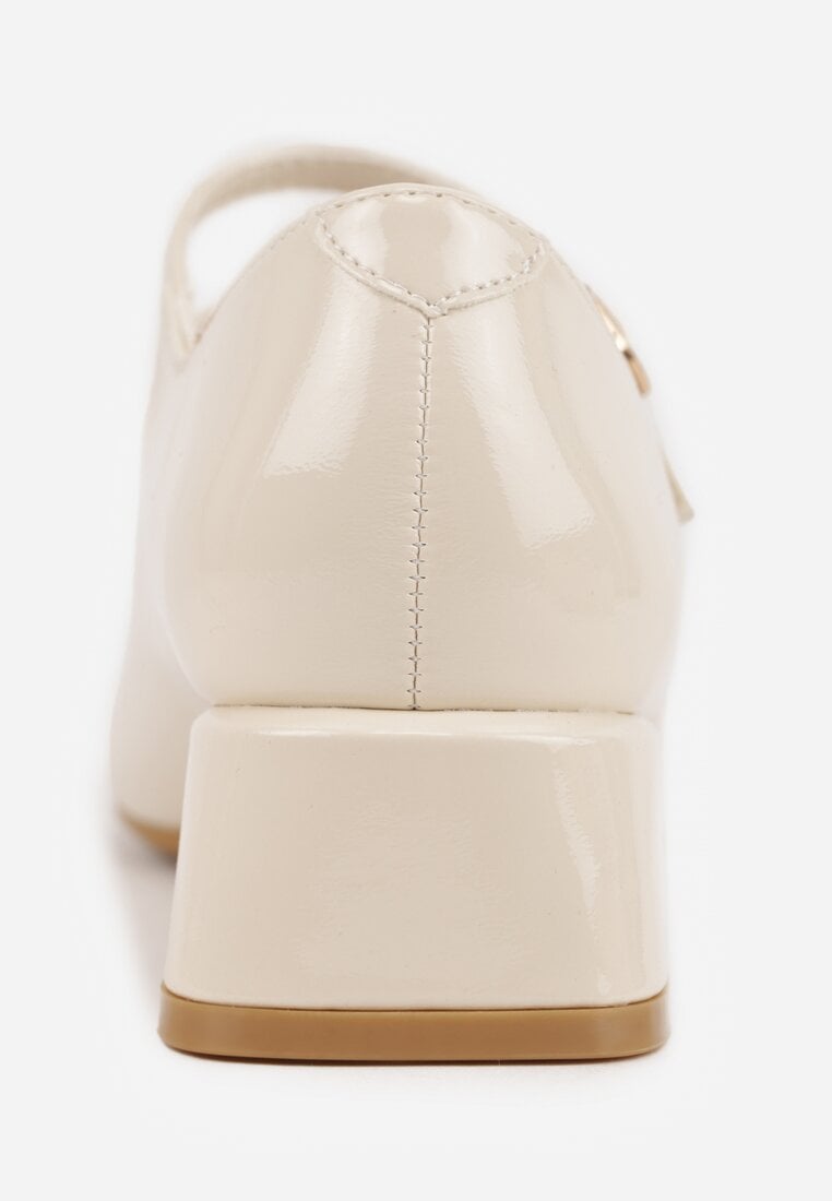 Beżowe Czółenka Lakierowane na Słupku z Paskami na Sprzączki Omeisa