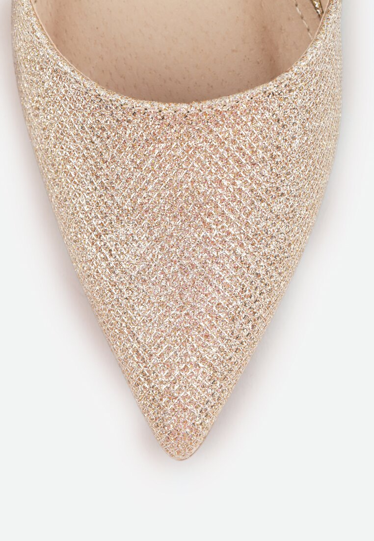 Złote Czółenka Vices na Słupku z Wkładką ze Skóry Naturalnej Ozdobione Paskiem Resilia