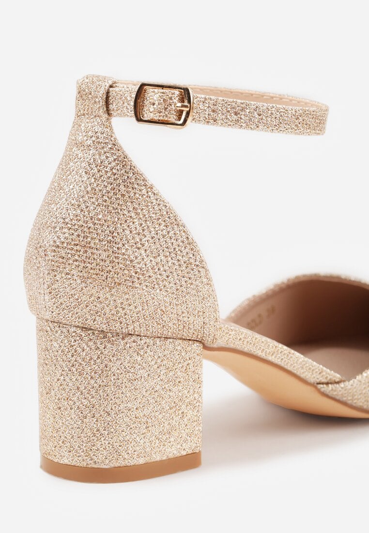 Złote Czółenka Vices na Słupku z Wkładką ze Skóry Naturalnej Ozdobione Paskiem Resilia