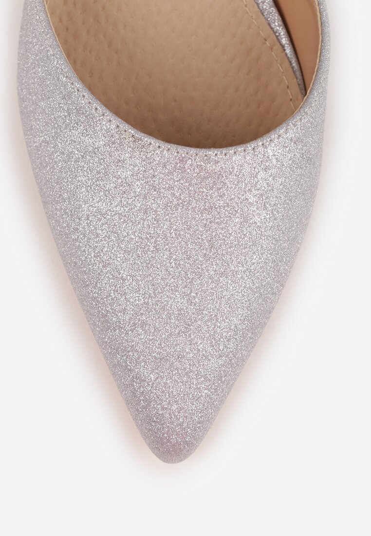 Srebrne Czółenka Vices na Słupku z Wkładką ze Skóry Naturalnej Ozdobione Paskiem Resilia