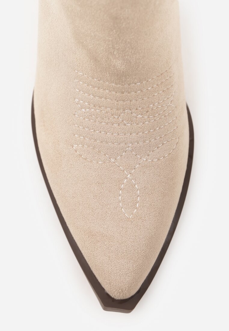 Ciemnobeżowe Botki w Stylu Kowbojek Vices na Stożku Ozdobione Haftem Xalfedi