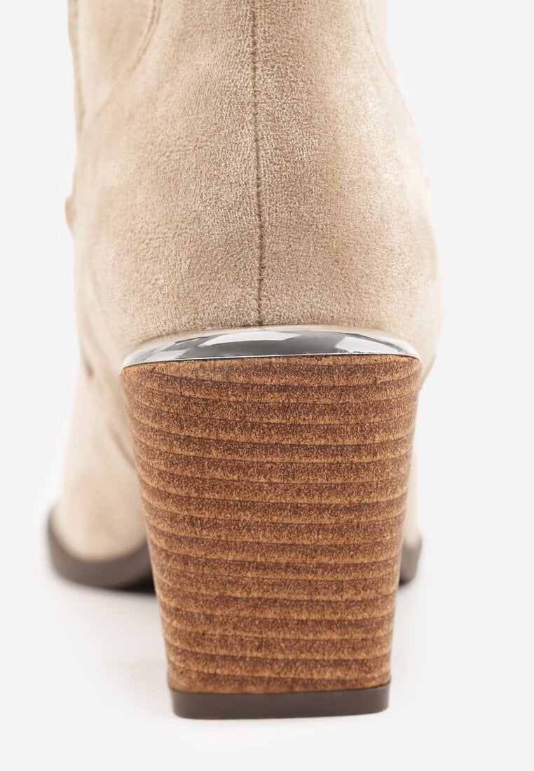 Ciemnobeżowe Botki w Stylu Kowbojek Vices na Stożku Ozdobione Haftem Xalfedi