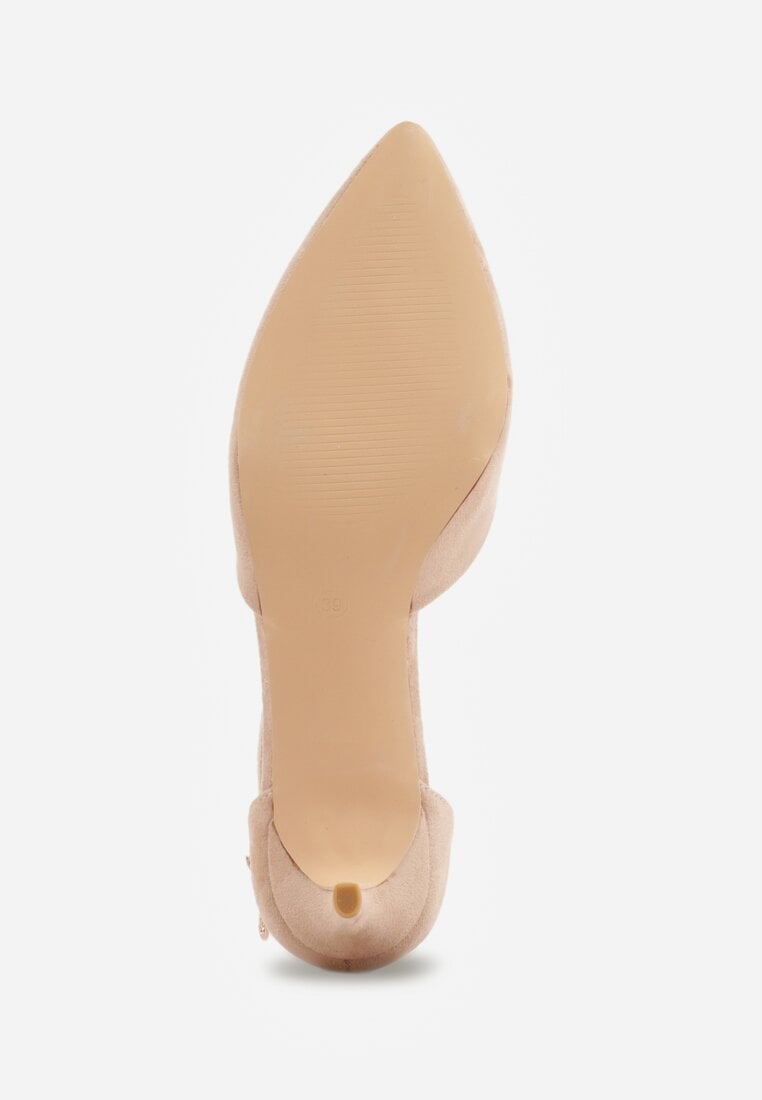 Ciemnobeżowe Czółenka Vices na Szpilce z Wkładką ze Skóry Naturalnej i Ozdobnym Paskiem Selarae