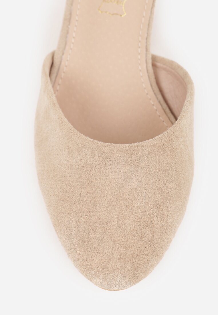 Ciemnobeżowe Czółenka Vices na Słupku z Wkładką ze Skóry Naturalnej i Metaliczną Ozdobą Velori