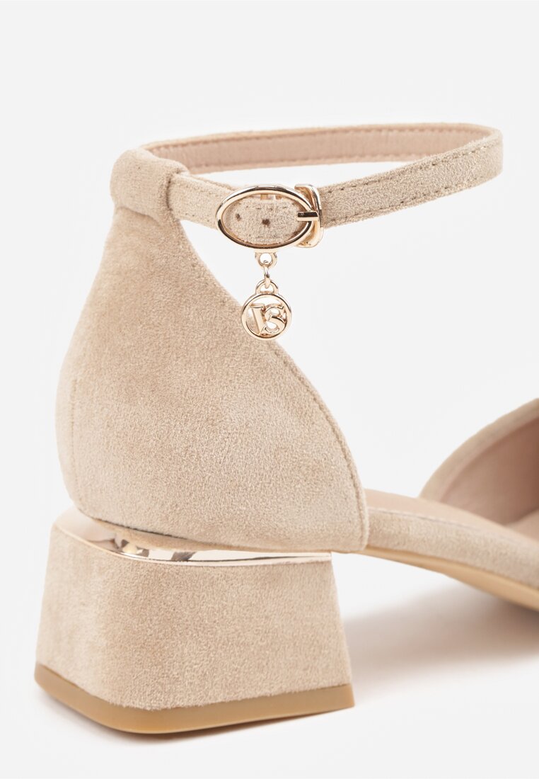 Ciemnobeżowe Czółenka Vices na Słupku z Wkładką ze Skóry Naturalnej i Metaliczną Ozdobą Velori