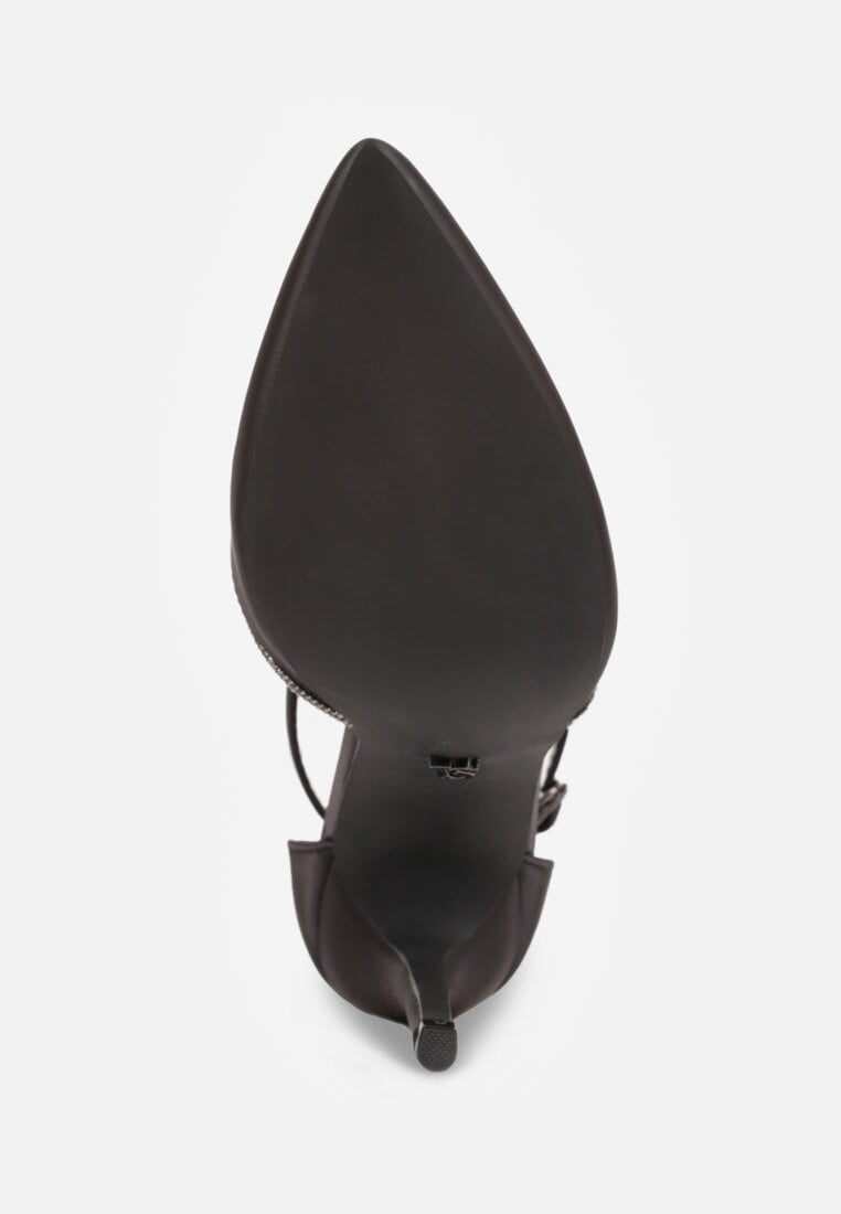 Czarne Satynowe Szpilki Vices z Wkładką ze Skóry Naturalnej i Ozdobnym Cyrkoniowym Paskiem Lizzeth