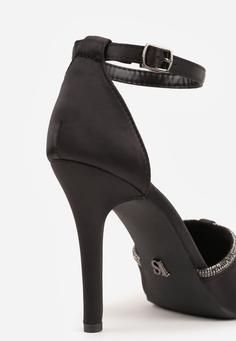 Czarne Satynowe Szpilki Vices z Wkładką ze Skóry Naturalnej i Ozdobnym Cyrkoniowym Paskiem Lizzeth