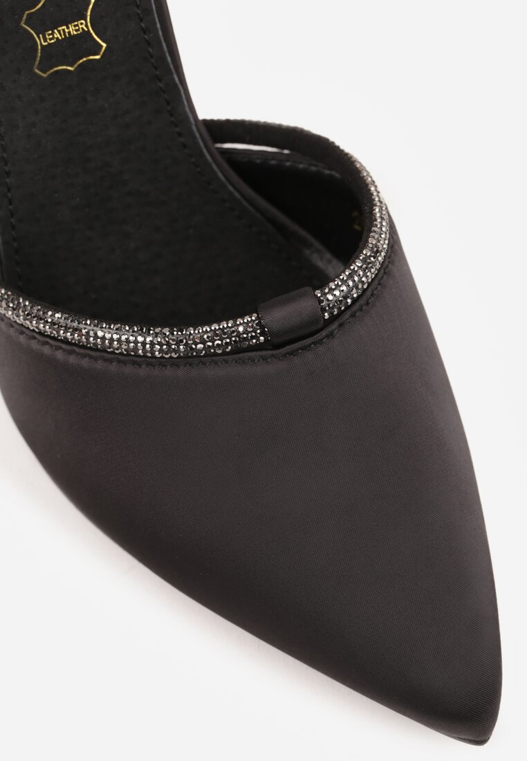 Czarne Satynowe Szpilki Vices z Wkładką ze Skóry Naturalnej i Ozdobnym Cyrkoniowym Paskiem Lizzeth