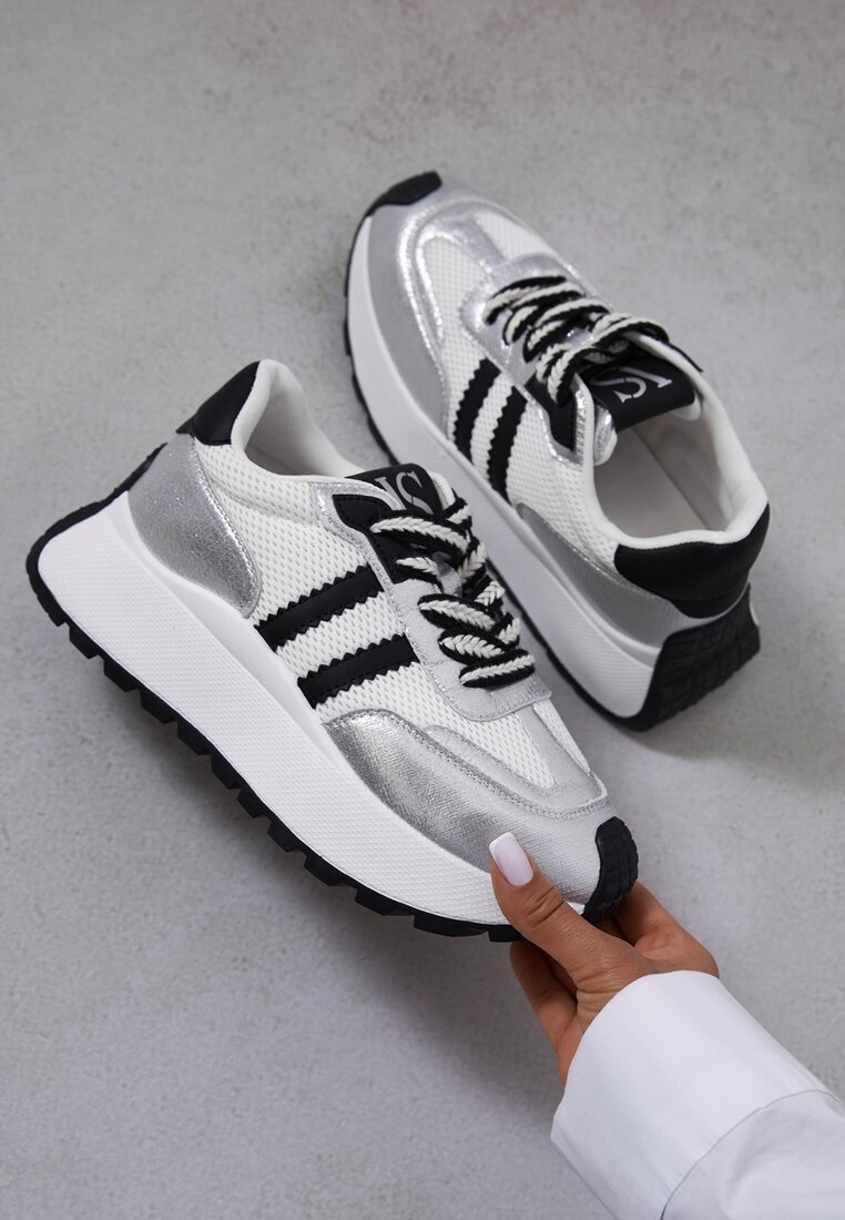 Biało-Srebrne Sneakersy Vices na Platformie z Metalicznymi Paskami Lenela