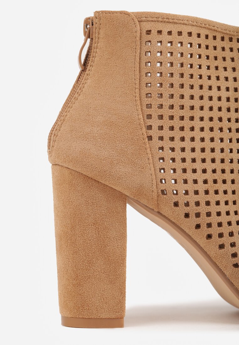 Beżowe Sandały Vices na Słupku z Ażurową Cholewką Felilina