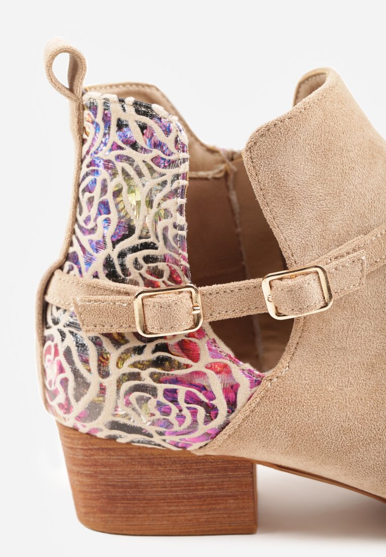 Beżowe Botki Vices na Słupku Ozdobione Kwiatami Selianor