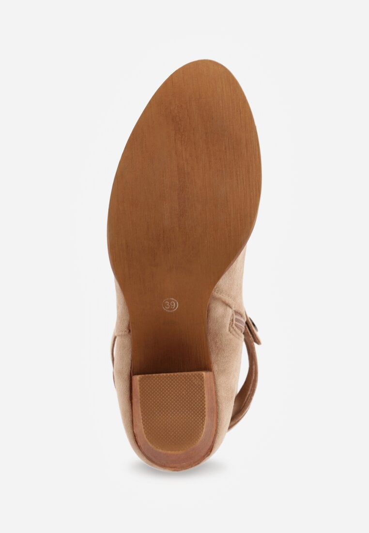 Ciemnobeżowe Botki Vices na Słupku w Stylu Kowbojek z Ażurową Cholewką i Paskami Tulifedi