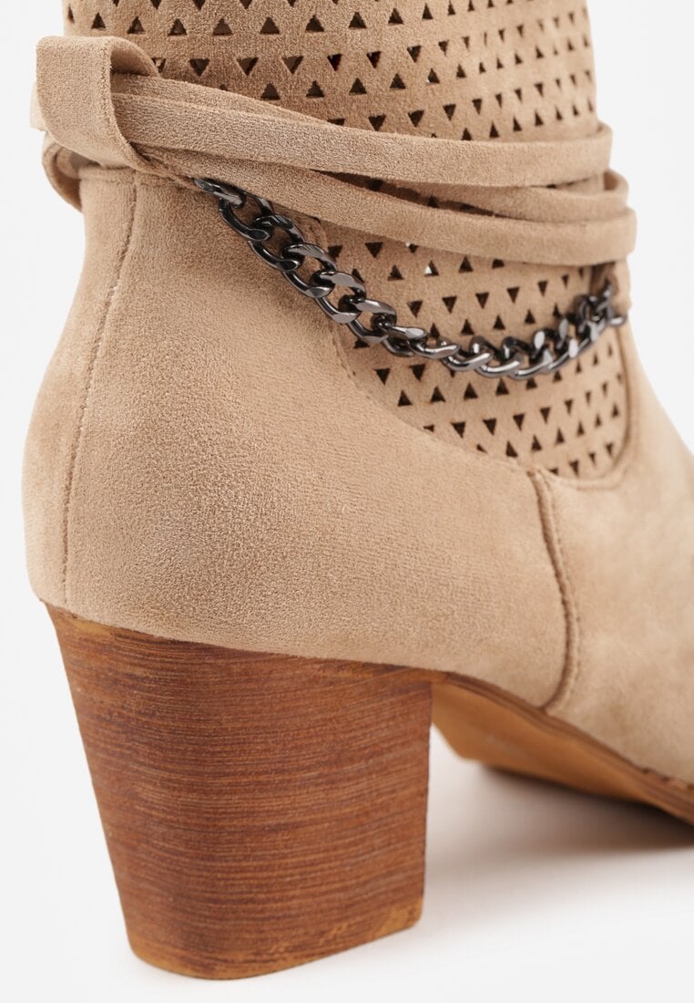 Ciemnobeżowe Botki Vices na Słupku w Stylu Kowbojek z Ażurową Cholewką i Paskami Tulifedi