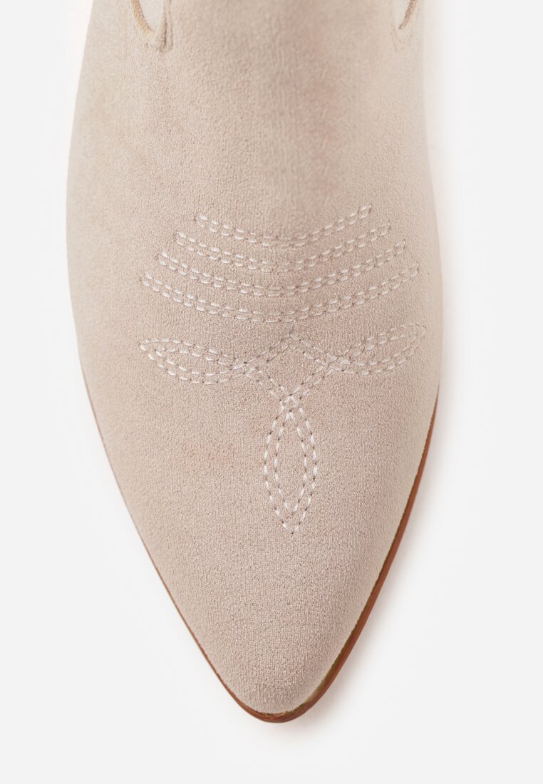 Jasnobeżowe Botki Vices na Słupku Kowbojki z Ażurową Cholewką Rivori