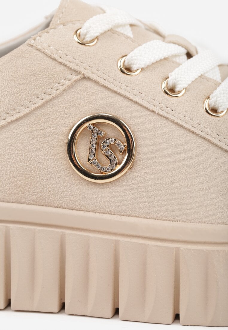 Beżowe Sznurowane Sneakersy Vices na Platformie z Tłoczeniem i Metaliczną Aplikacją Lavfedi