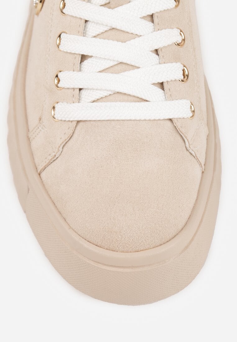 Beżowe Sznurowane Sneakersy Vices na Platformie z Tłoczeniem i Metaliczną Aplikacją Lavfedi