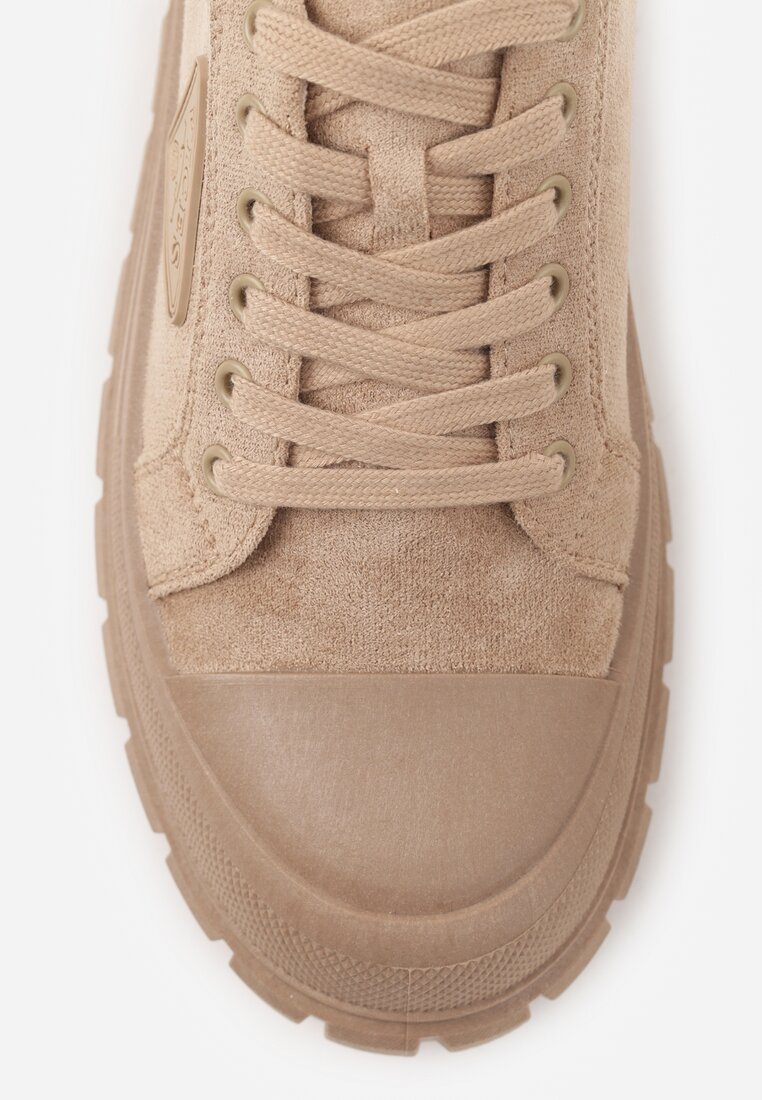 Ciemnobeżowe Sneakersy Vices na Platformie z Ozdobą i Napisem Leawen