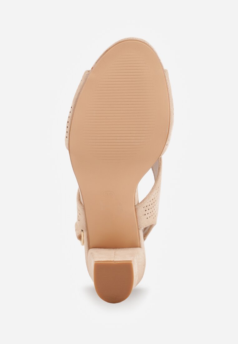 Ciemnobeżowe Sandały Vices na Słupkowym Obcasie z Ażurową Cholewką i Skórzaną Wkładką Obenea