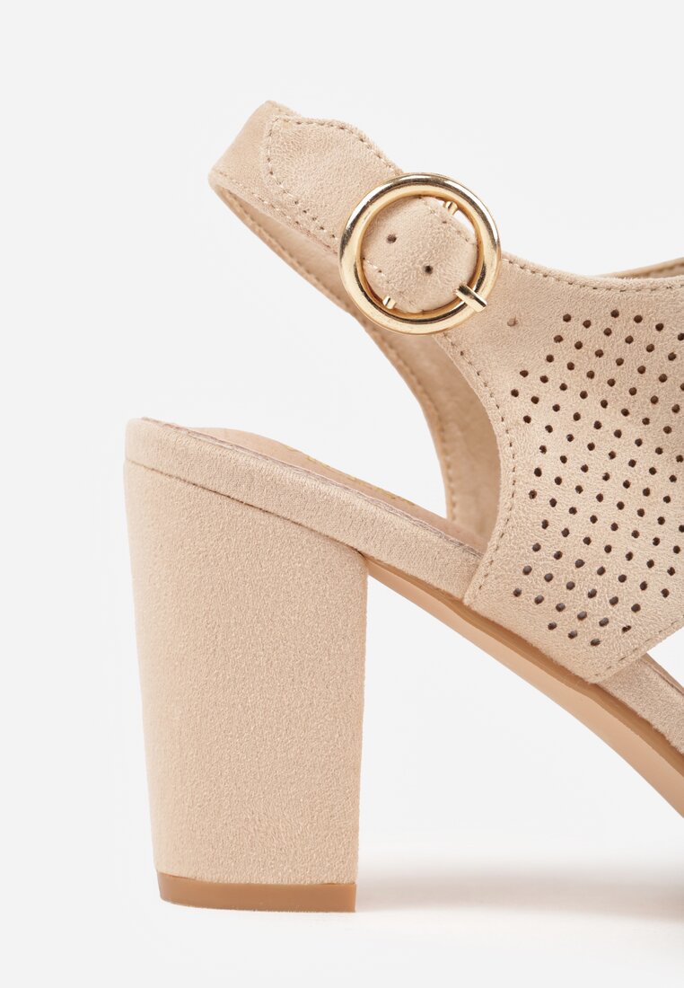 Ciemnobeżowe Sandały Vices na Słupkowym Obcasie z Ażurową Cholewką i Skórzaną Wkładką Obenea