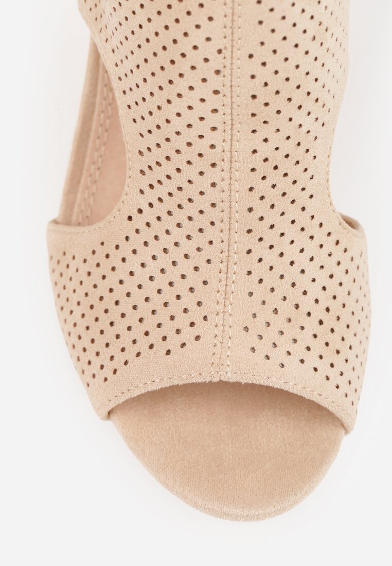 Ciemnobeżowe Sandały Vices na Słupkowym Obcasie z Ażurową Cholewką i Skórzaną Wkładką Obenea