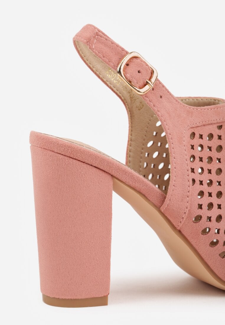 Różowe Sandały na Słupku z Ażurową Cholewką i  Skórzaną Wkładką Linalira