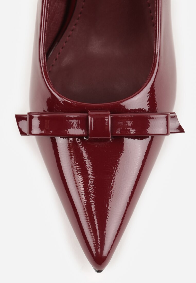 Bordowe Lakierowane Sandały Szpilki Vices Typu Slingback z Kokardą Dorozia