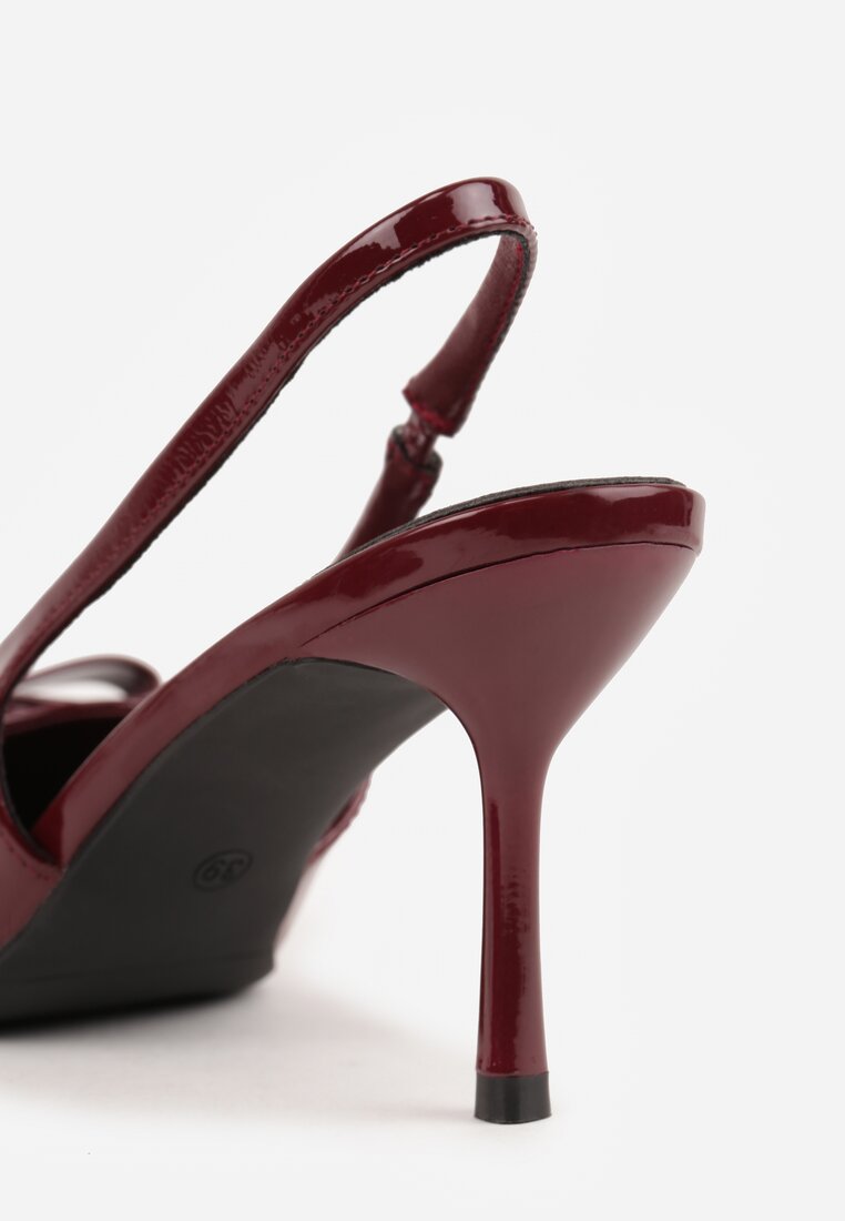 Bordowe Lakierowane Sandały Szpilki Vices Typu Slingback z Kokardą Dorozia