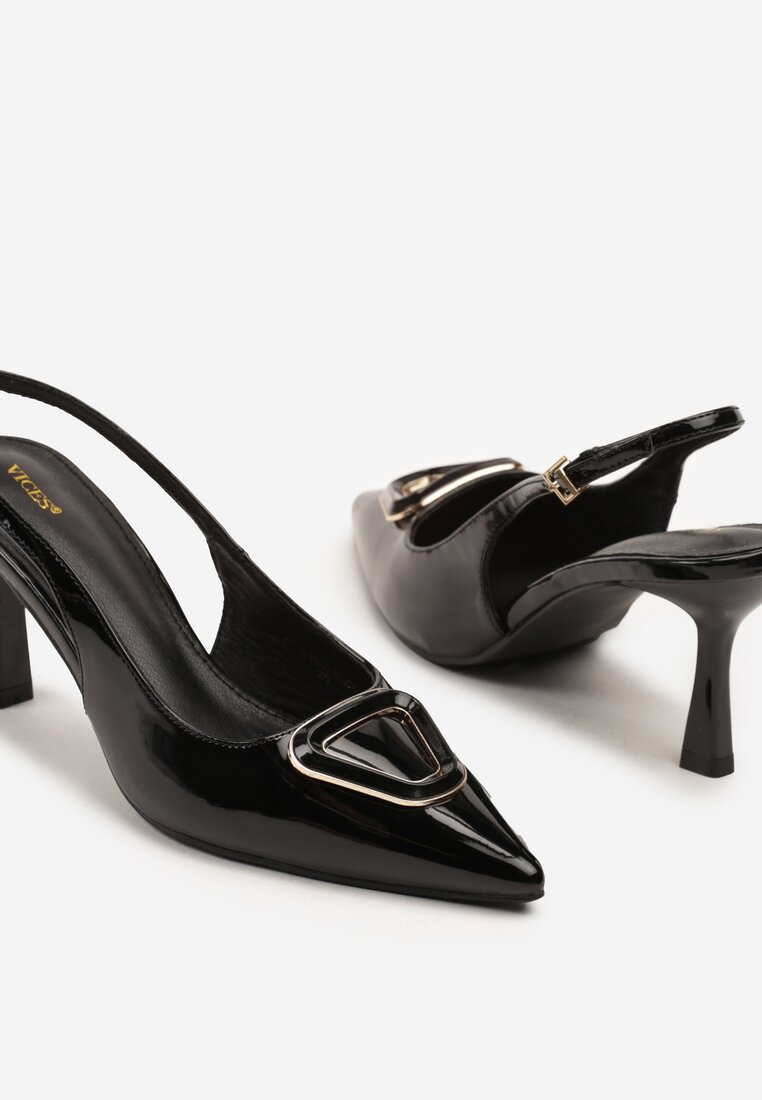 Czarne Sandały na Szpilce Slingback Lakierowane Vices z Ozdobą Ataloria