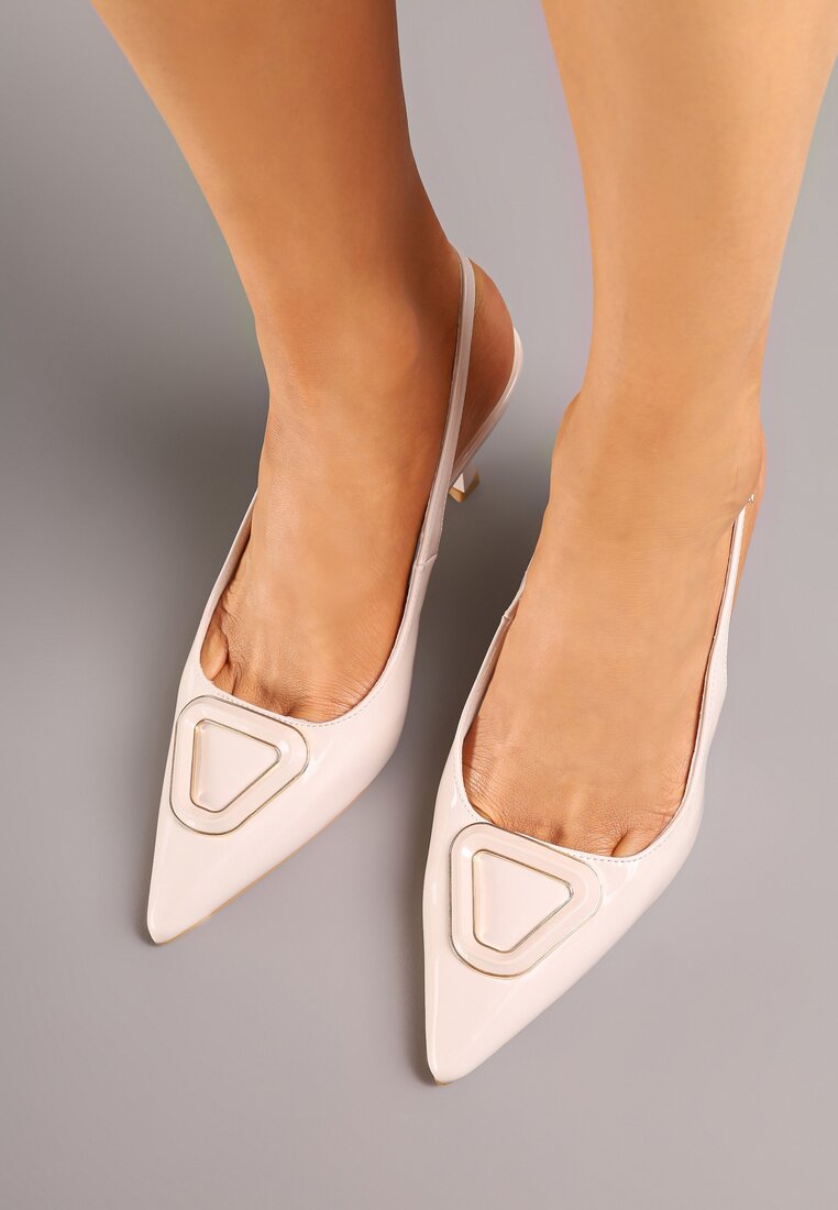 Beżowe Sandały na Szpilce Slingback Lakierowane Vices z Ozdobą Ataloria