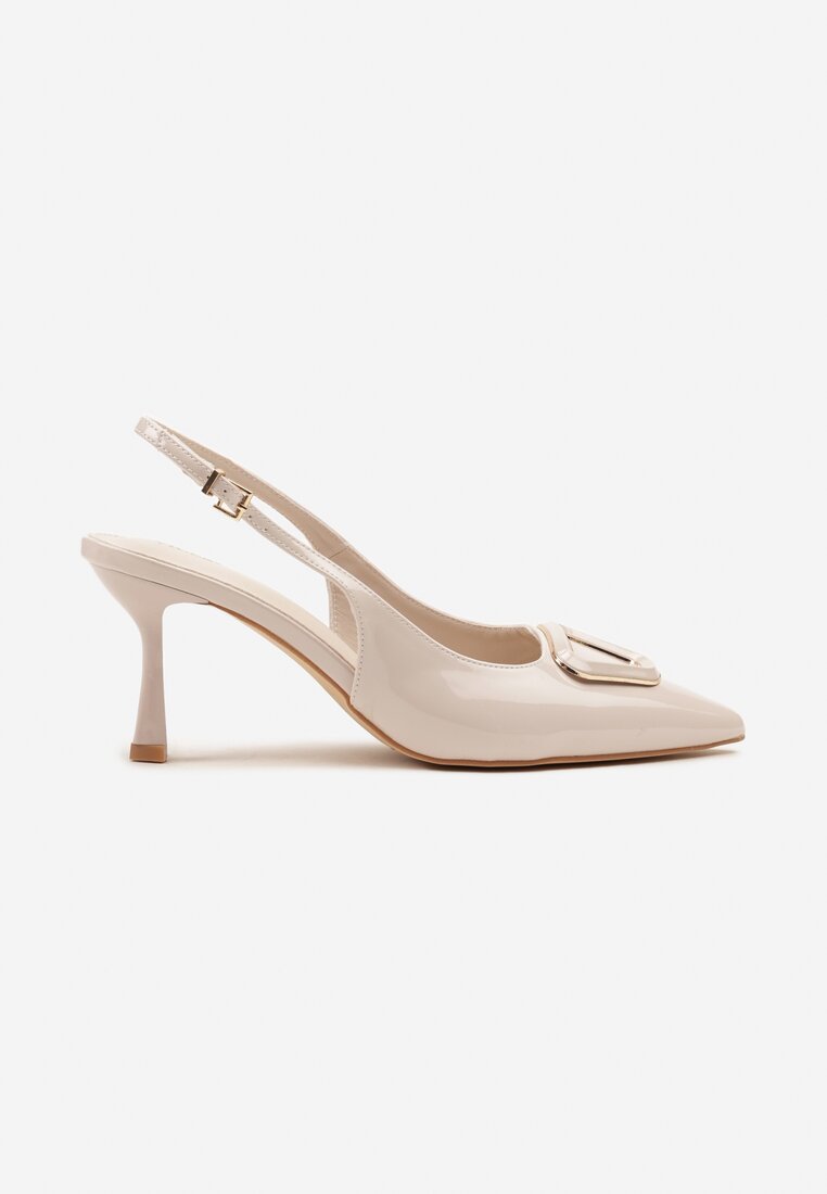 Beżowe Sandały na Szpilce Slingback Lakierowane Vices z Ozdobą Ataloria