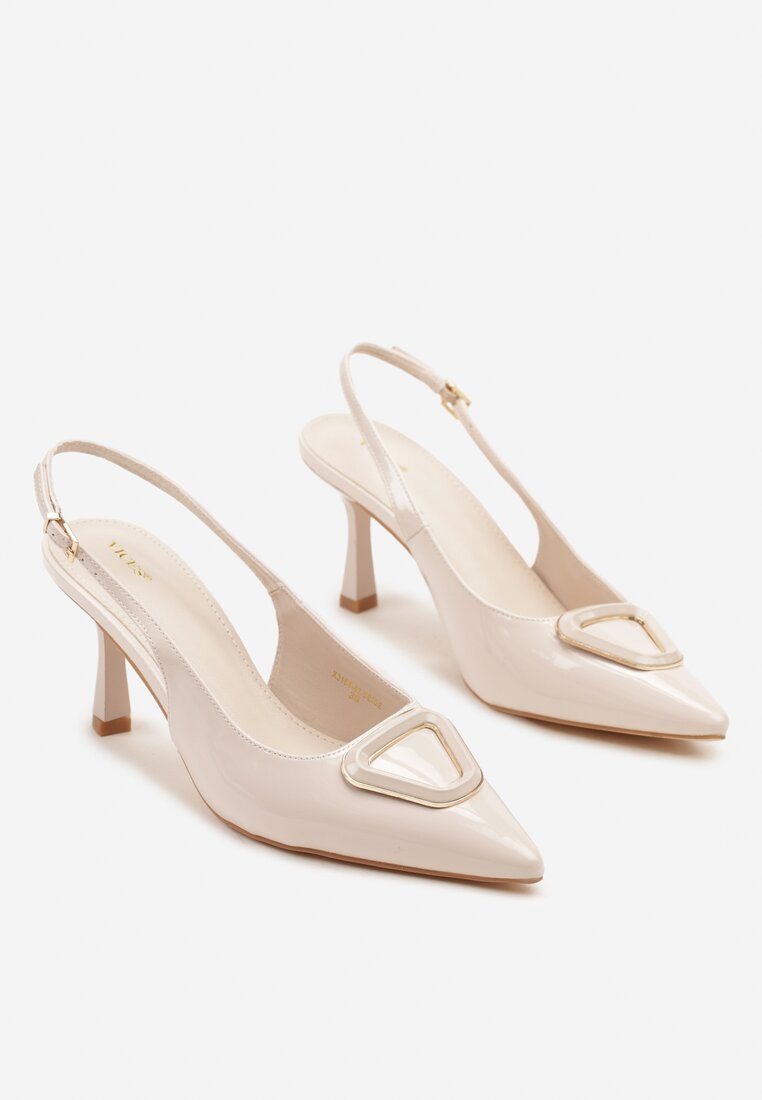 Beżowe Sandały na Szpilce Slingback Lakierowane Vices z Ozdobą Ataloria