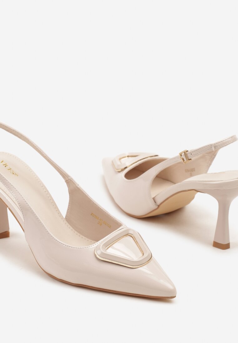 Beżowe Sandały na Szpilce Slingback Lakierowane Vices z Ozdobą Ataloria
