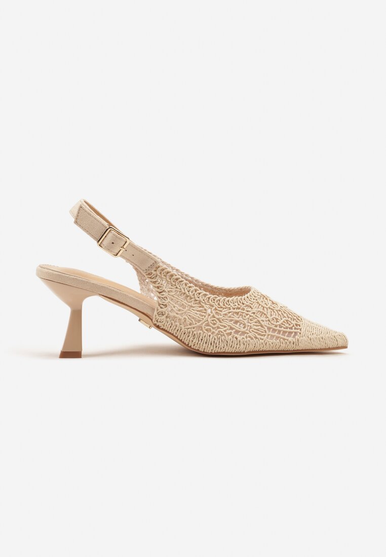 Beżowe Haftowane Sandały Vices na Szpilce Typu Slingback Atesia