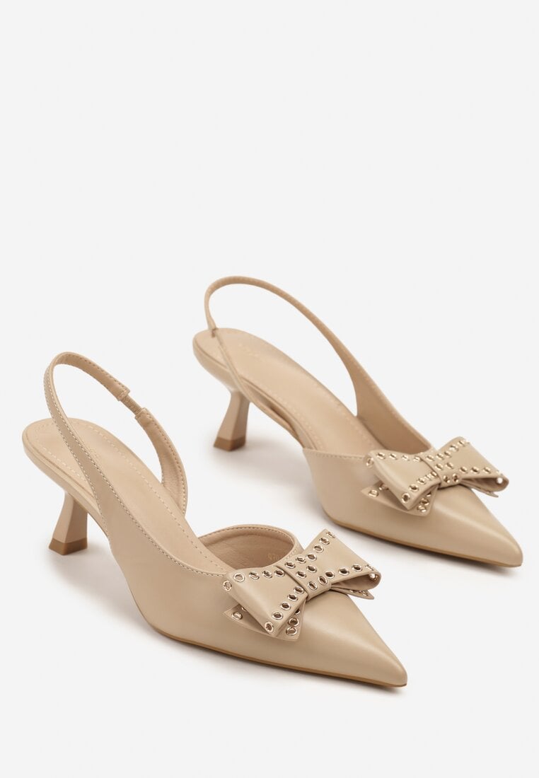 Ciemnobeżowe Sandały Vices na Kaczuszce Slingback z Kokardą i Nitami Fennadia
