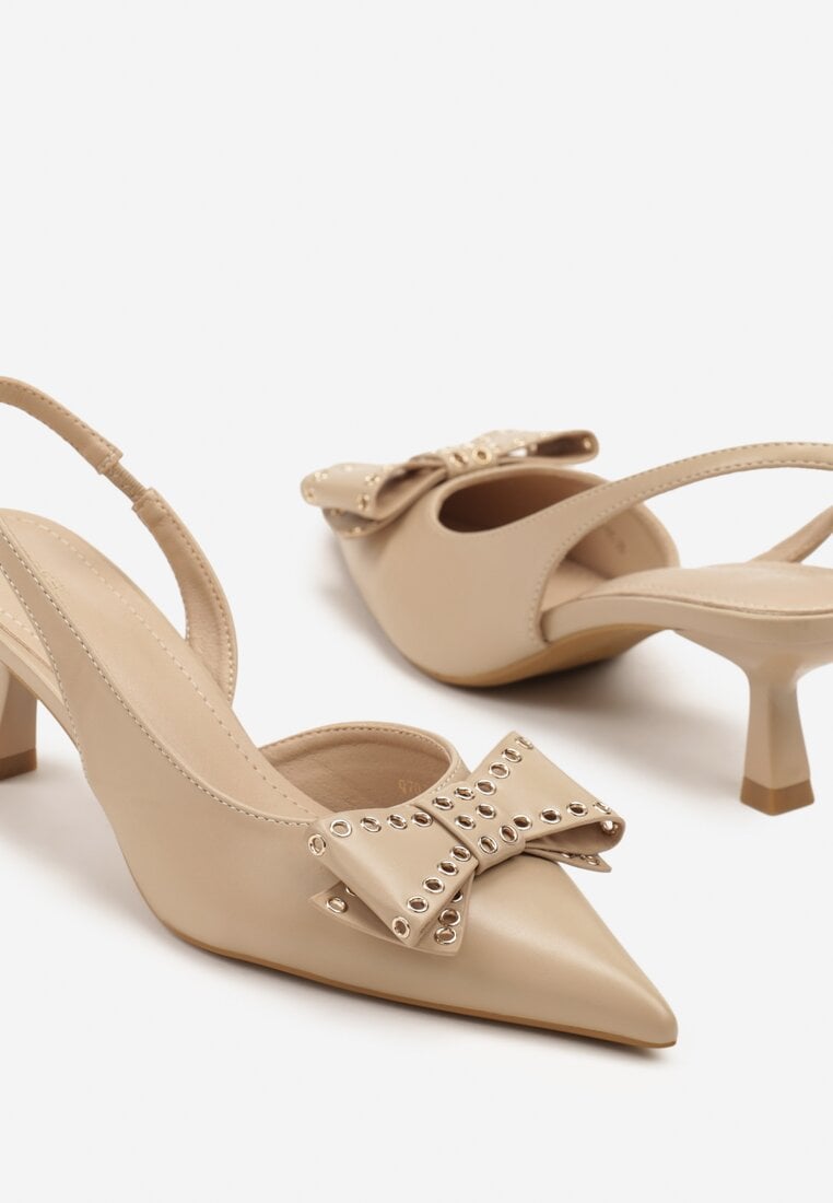 Ciemnobeżowe Sandały Vices na Kaczuszce Slingback z Kokardą i Nitami Fennadia