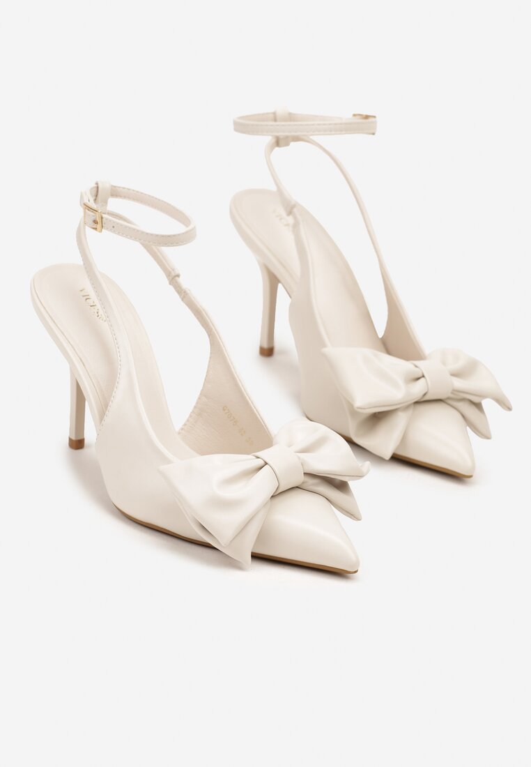 Beżowe Sandały Vices na Szpilce Slingback Ozdobione Kokardą Tilvanea