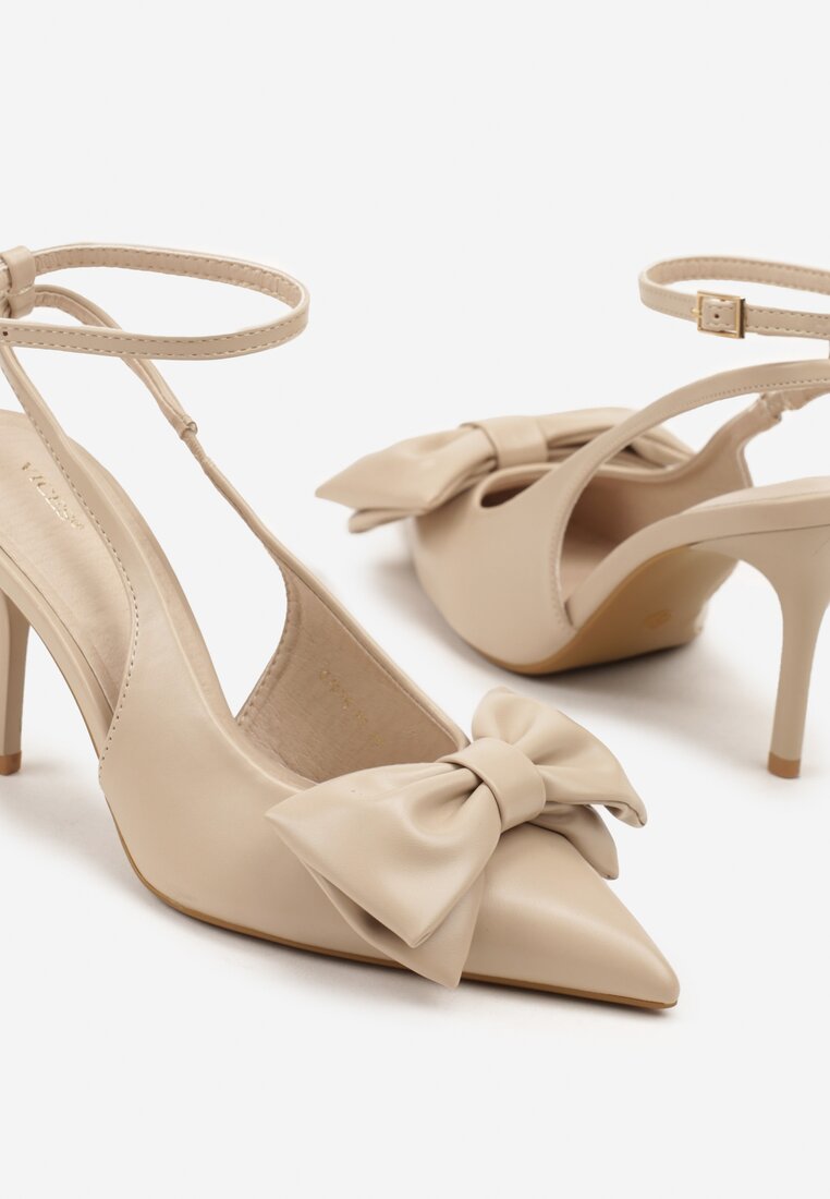Ciemnobeżowe Sandały Vices na Szpilce Slingback Ozdobione Kokardą Tilvanea