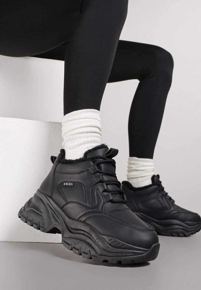 Czarne Streetwearowe Botki Chunky w Stylu Sneakersów na Platformie Leate