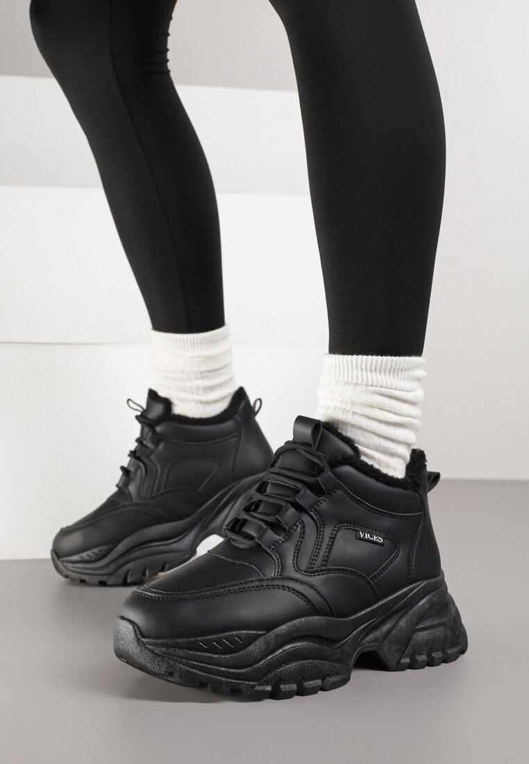 Czarne Streetwearowe Botki Chunky w Stylu Sneakersów na Platformie Leate